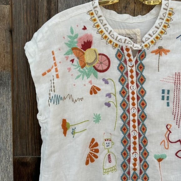 Johnny Was Lemona Dress Floral Embroidery Linen Natural Button Front White NEW - Picture 7 of 10